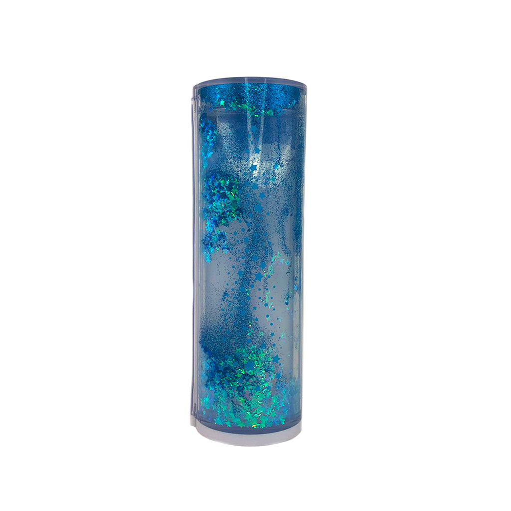 Back view of the tubular pencil case showing blue star glitter