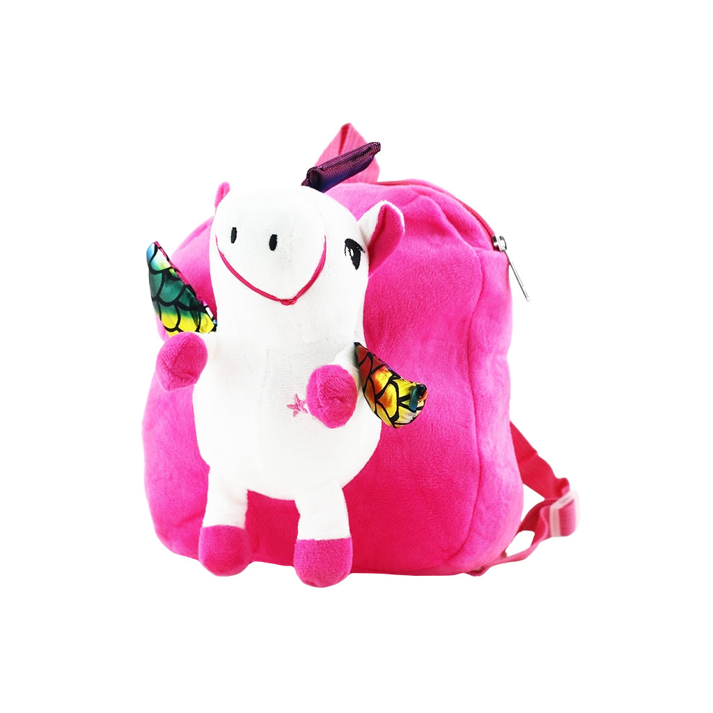 Plush Unicorn Backpack with one big compartment angled view
