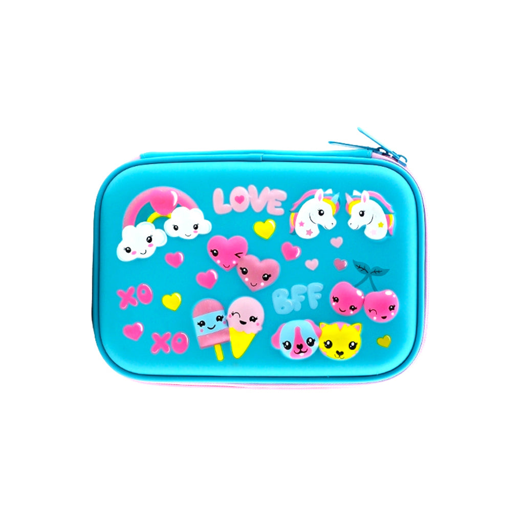 Hard top pencil case with 2 compartments, zip closure, pen holders and inner mesh pockets front view