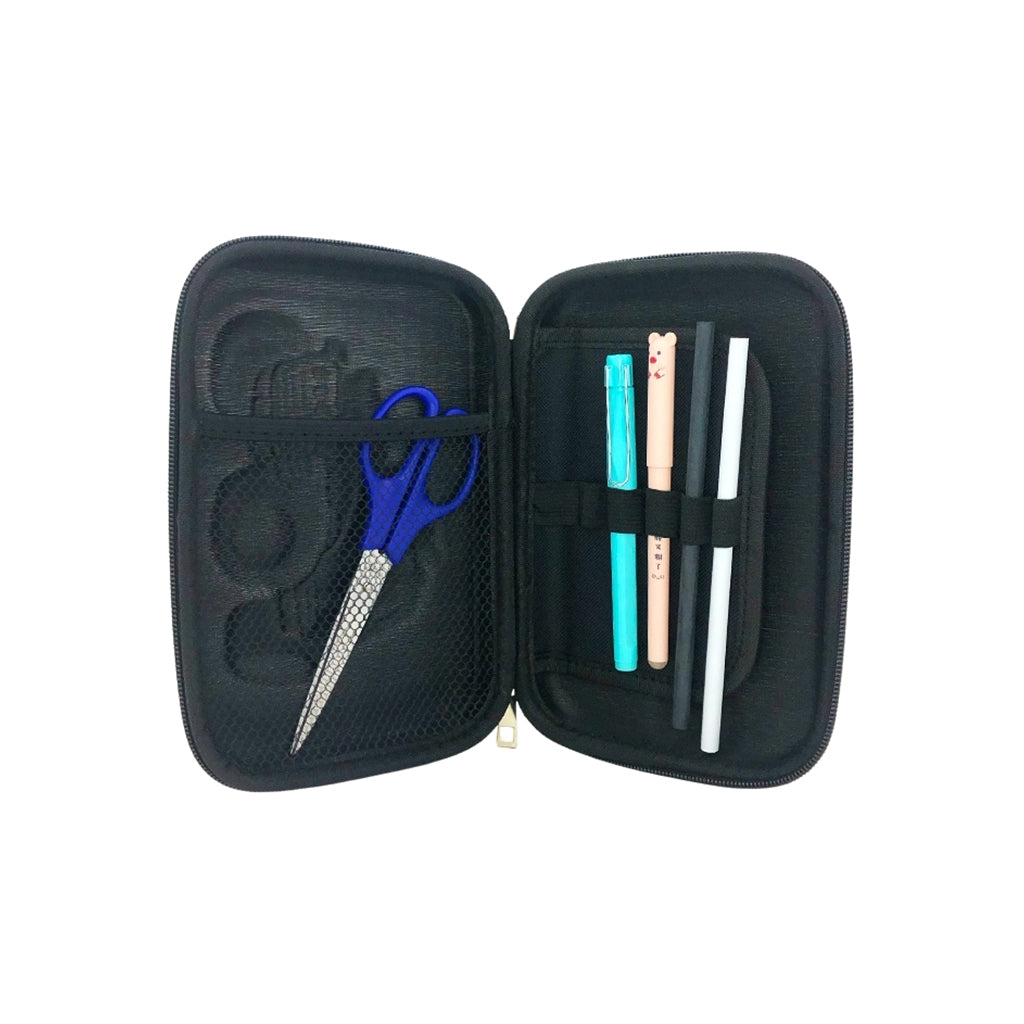 Hard top pencil case with 2 compartments, zip closure, pen holders and inner mesh pockets open view