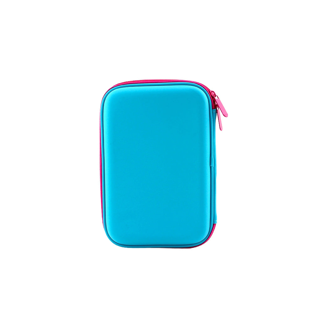 Blue Hard case pencil case rainbow unicorn back view with zip closure.