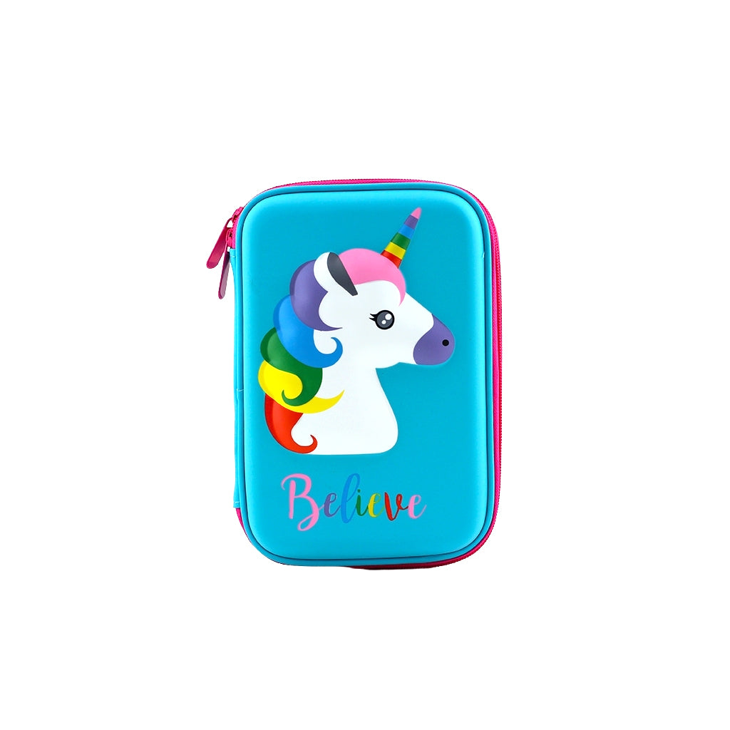 Blue Hard case pencil case rainbow unicorn front view with zip closure.