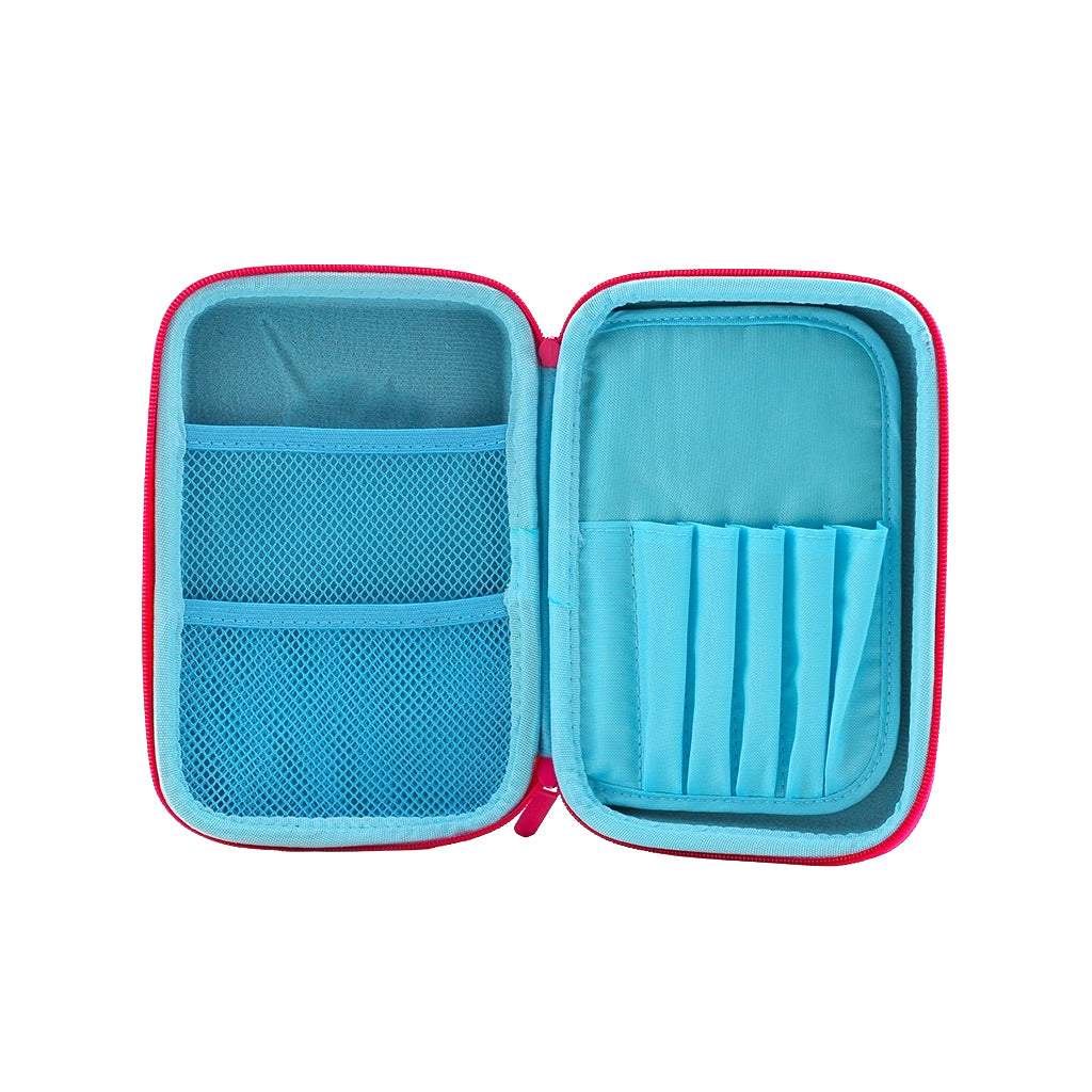 Blue Hard top pencil case rainbow unicorn open with two compartments,  mesh pocket and pencil holders with zip closure.