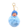 Blue baby-shaped keychain with fluffy body and knitted hat on a white background