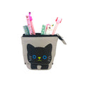 Pop Up Telescopic Pencil Case in warm grey with a cute black cat design. The pencil case is open displaying an assortment of pen.