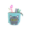 Pop Up Telescopic Pencil Case in blue with a cute grey cat design. The pencil case is open displaying an assortment of pens.