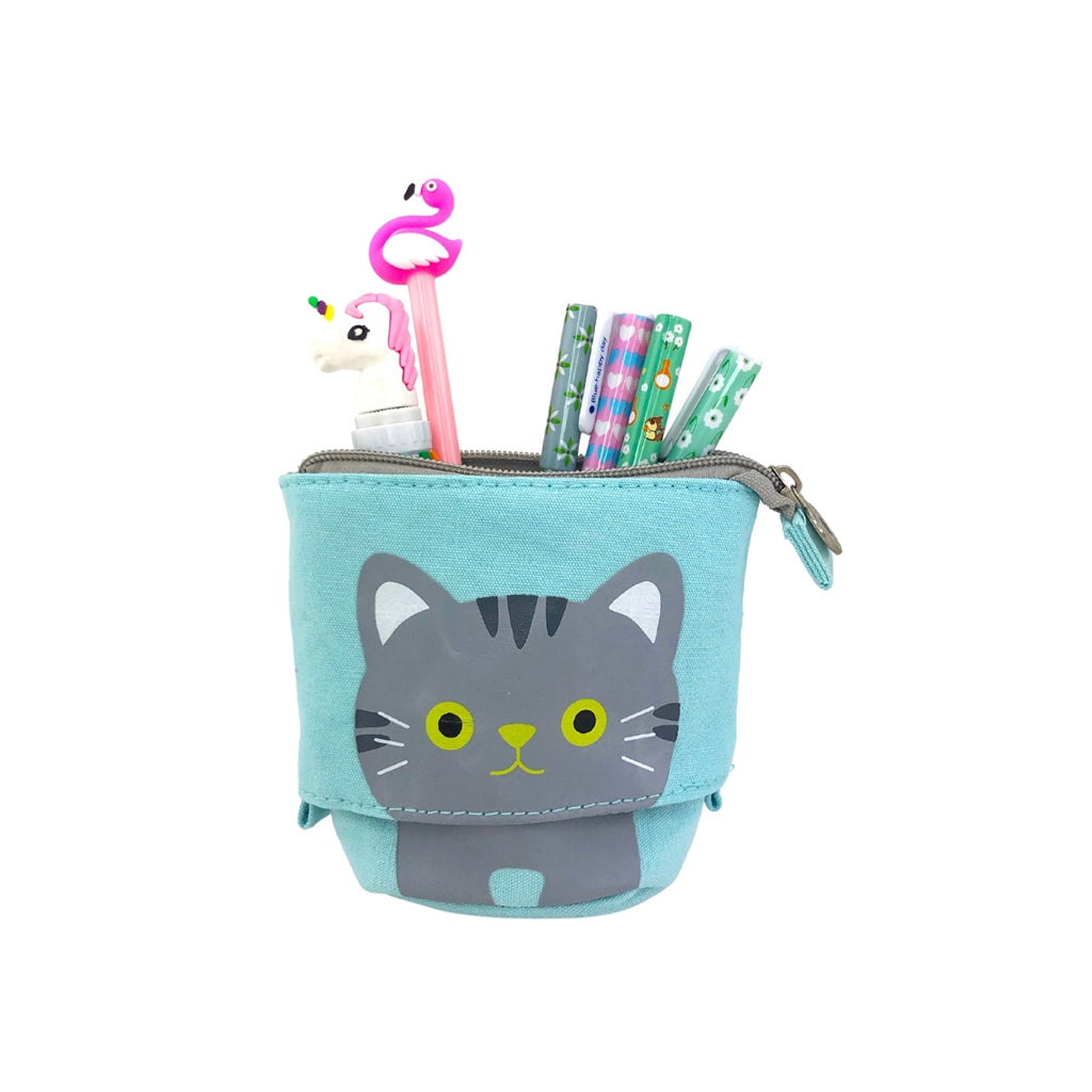 Pop Up Telescopic Pencil Case in blue with a cute grey cat design. The pencil case is open displaying an assortment of pens.