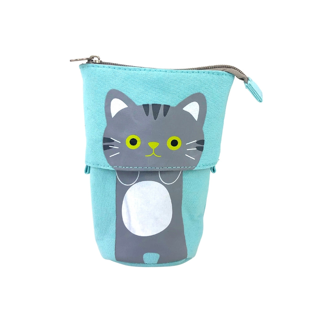 Full front view of a Pop Up Telescopic Pencil Case in blue. The pencil case is in the up position and the zip is closed
