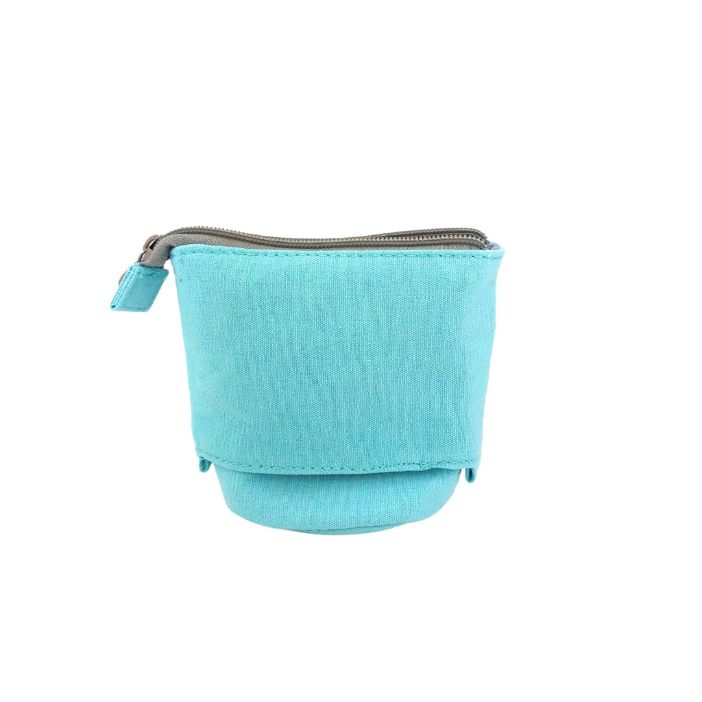 Back view of a Pop Up Telescopic Pencil Case in blue. The pencil case is in the down position and the zip is open