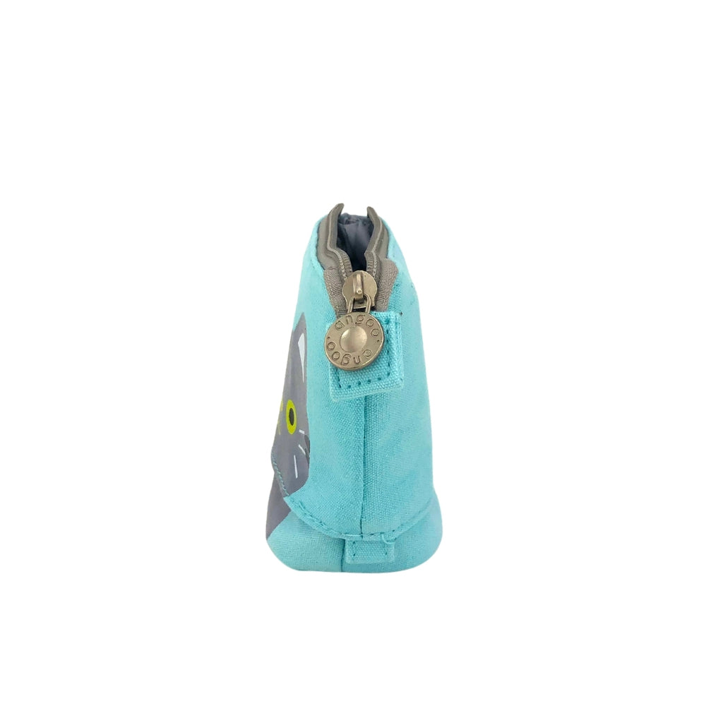 Side view of a Pop Up Telescopic Pencil Case in blue. The pencil case is in the down position and the zip is open