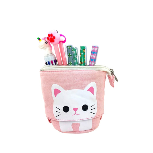 Pop Up Telescopic Pencil Case in pink with a cute white cat design. The pencil case is open displaying an assortment of pens.