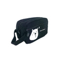 Black pencil case with beat design and one big compartment and small front pocket with zipper front angled  view
