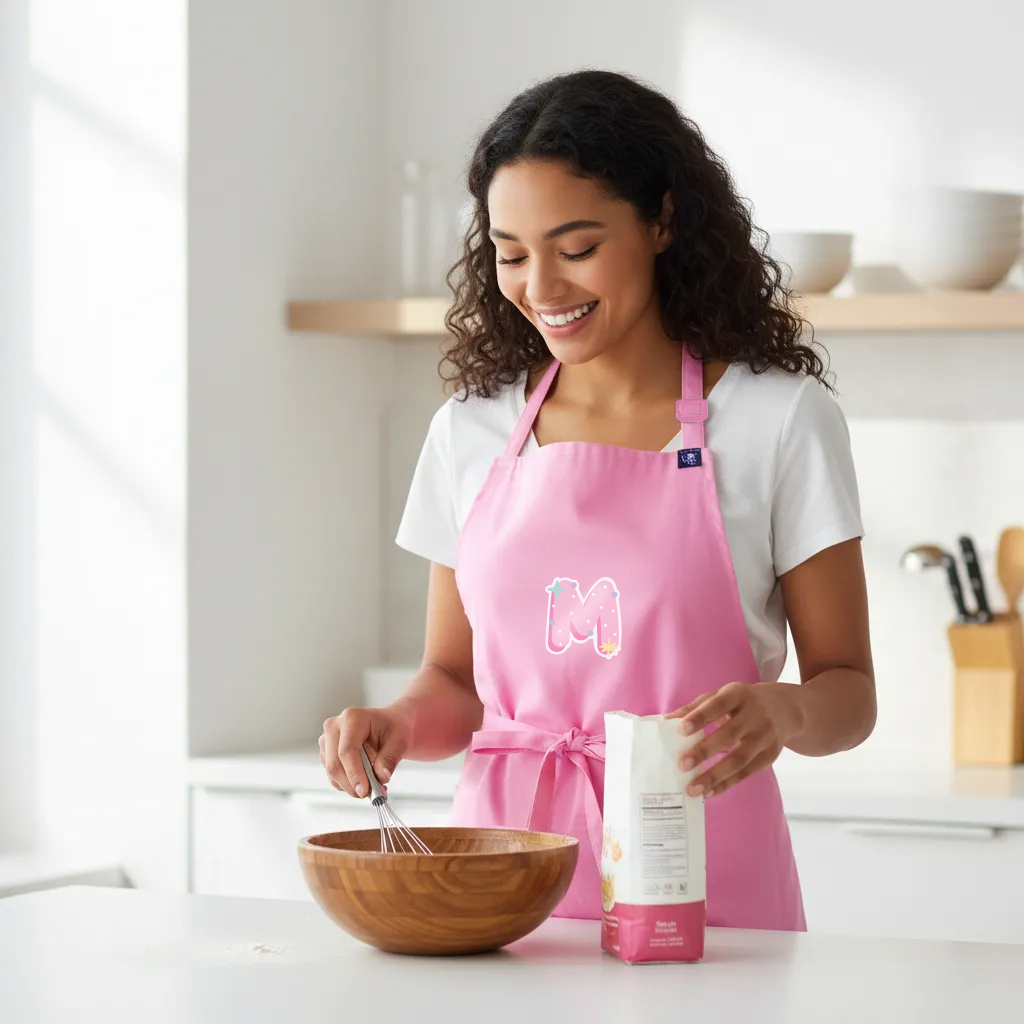 Woman in a pink apron mixing ingredients in a kitchen