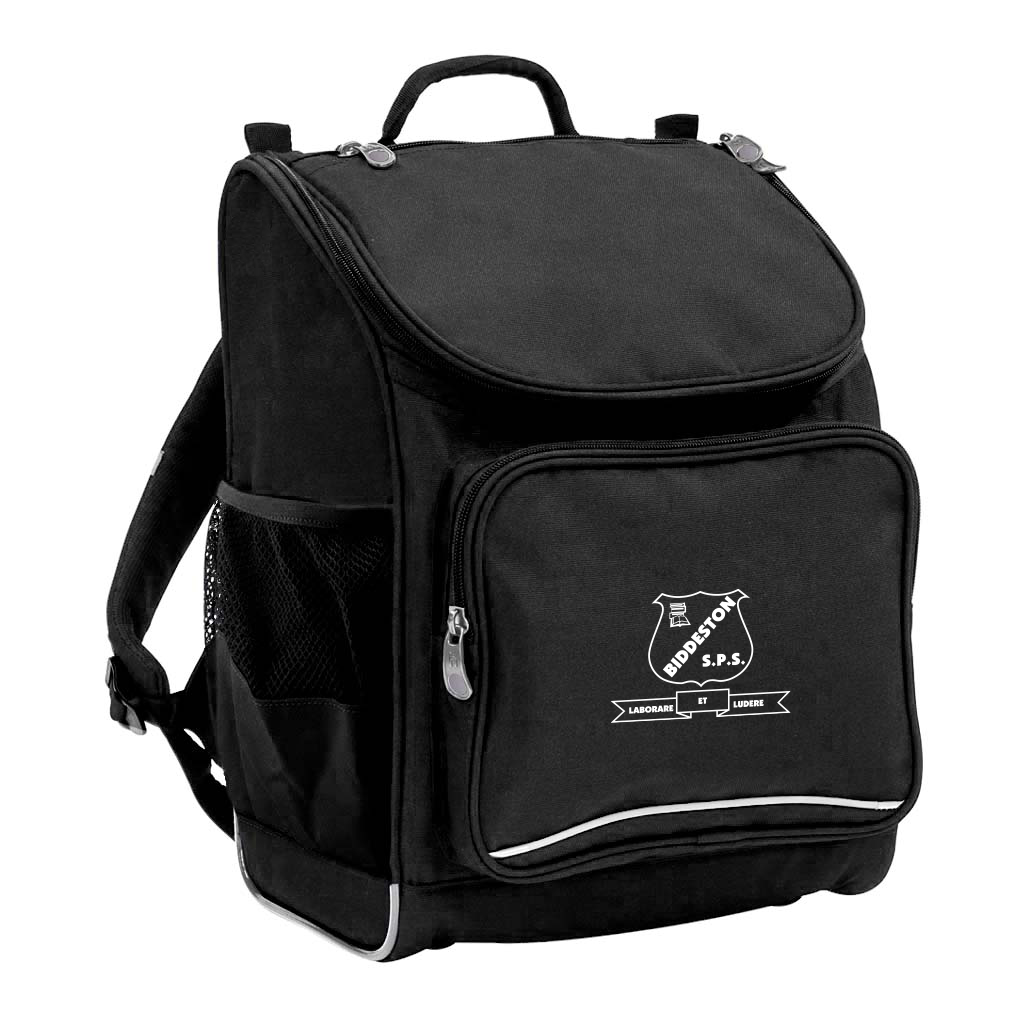 Mighty backpack in colour Black, front side angle displaying carry handle, padded shoulder straps, top zipper compartment, front zipper pocket and mesh water bottle holder with Biddeston State School logo