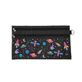 Harlequin Pencil Case in Black with Galaxy Girl design from the Harlequin Creatix Signature Series. Front view displaying two zip compartments, ventilation eyelet and D-ring.