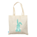 Beige tote bag with a turquoise Easter bunny design and 'Happy Easter' text on a white background