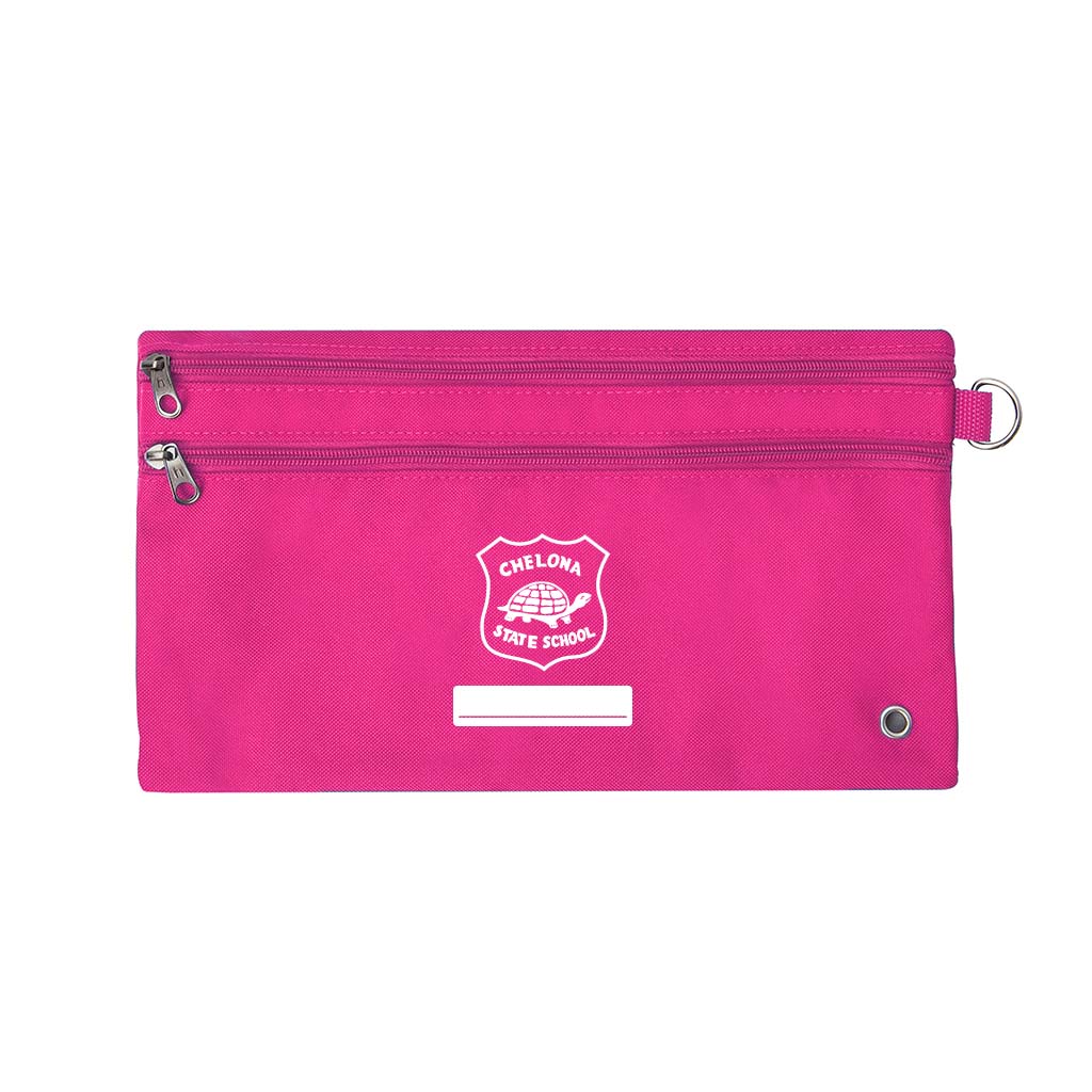 Harlequin pink pencil case front angle displaying two zip compartments and D-ring with Chelona State School logo