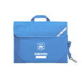 Harlequin Safety Library bag in sky blue displaying carry handle, velcro opening, shoulder strap, reflector safety strip, reinforced corners and Chelona State School logo