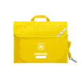 Harlequin Safety Library bag in yellow displaying carry handle, velcro opening, shoulder strap, reflector safety strip, reinforced corners and Chelona State School logo