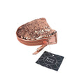 Rose gold sequin pouch with a visible brand tag on a white background