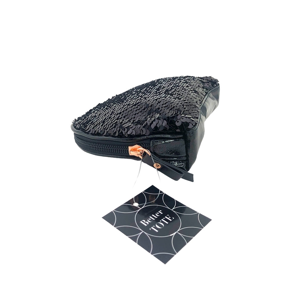 Black textured pouch with a tag on a white background