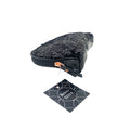Black textured pouch with a tag on a white background