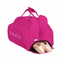 Harlequin sport Bag in Pink front angle displaying carry handles, top zip compartment, front lower zip shoe tunnel with ballet shoes.