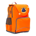 Harlequin VIVID Hi-Viz orange Ergo Tuff-Pack Backpack with personalisation. Front side angle showing padded shoulder straps, two zipper compartments, front zipper pocket, D ring, mesh water bottle holder and flashing LED System.