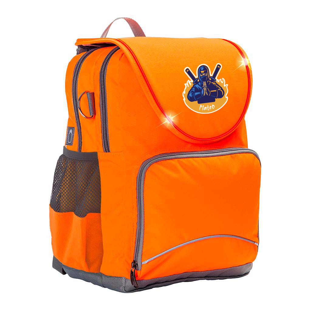 Harlequin VIVID Hi-Viz orange Ergo Tuff-Pack Backpack with personalisation. Front side angle showing padded shoulder straps, two zipper compartments, front zipper pocket, D ring, mesh water bottle holder and flashing LED System.