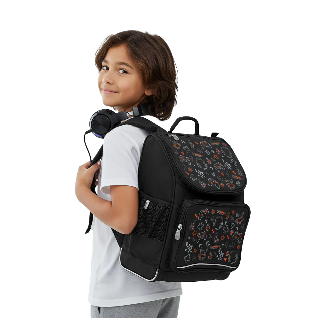 Child wearing a black Mighty backpack with a colourful Gamer Boy pattern on a white background