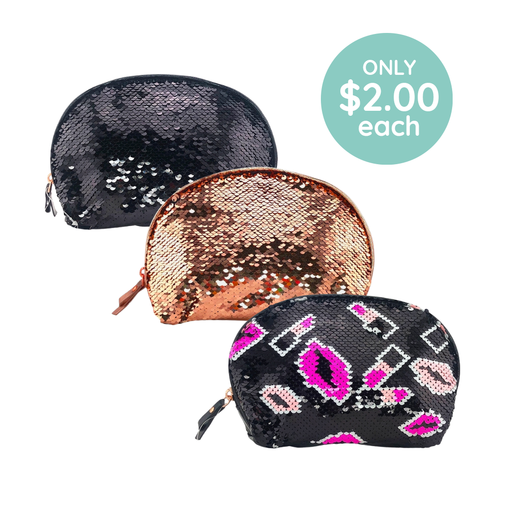 3 sequin pouches, 1 black, 1 rose gold, 1 black with pink lipsticks pattern