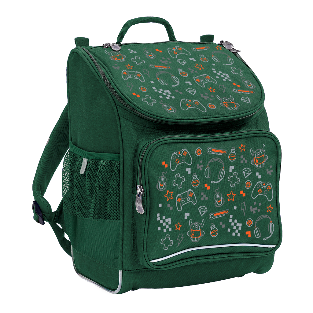 Harlequin Mighty Tuff-Pack Backpack in Green with the Gamer Boy design from the Harlequin Creatix signature series. Front side angle displaying carry handle, padded shoulder straps, top zipper compartment, front zipper pocket and mesh water bottle holder.