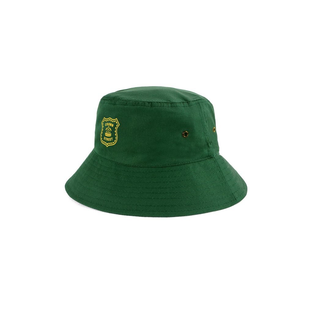 Green bucket hat with a yellow Crown Street Public School logo on a white background