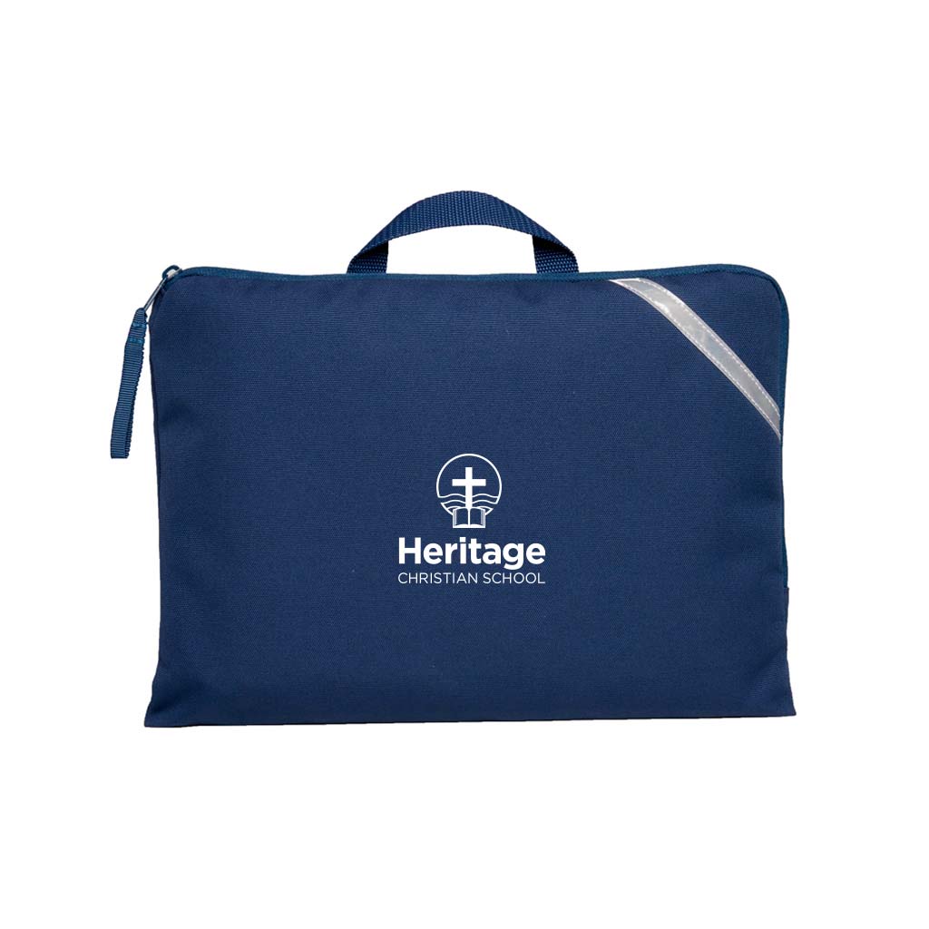  Navy Q Book Bag, with single zip opening, handle and reflective strips and Heritage Christian School logo