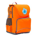 Harlequin Hi-Viz orange Ergo Tuff-Pack Backpack with personalisation. Front side angle showing padded shoulder straps, two zipper compartments, front zipper pocket, D ring and mesh water bottle holder.
