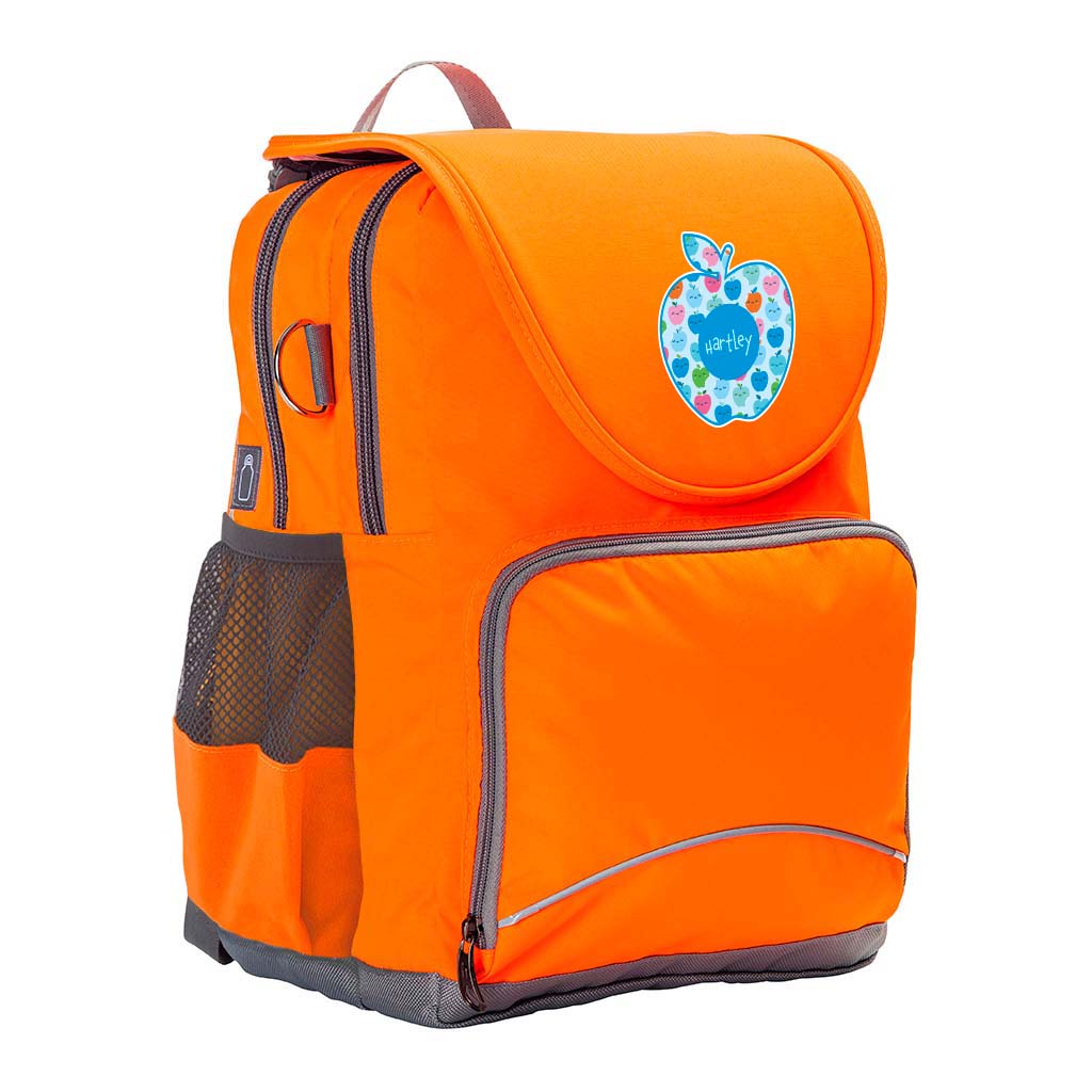 Harlequin Hi-Viz orange Ergo Tuff-Pack Backpack with personalisation. Front side angle showing padded shoulder straps, two zipper compartments, front zipper pocket, D ring and mesh water bottle holder.