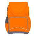 Harlequin Hi-Viz orange Ergo Tuff-Pack Backpack. Front view showing reflective piping, two zipper compartments, front zipper pocket and mesh water bottle holder.
