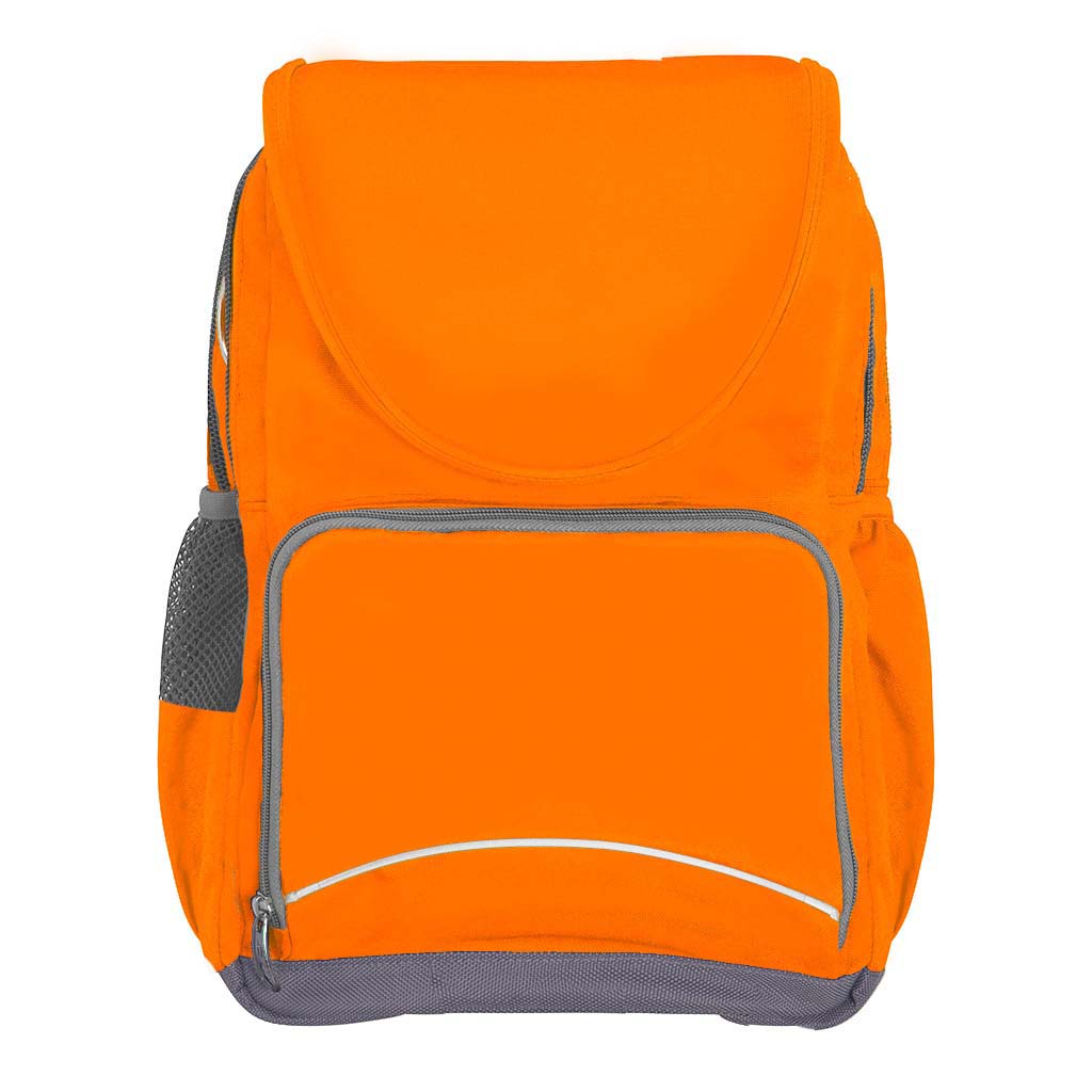Harlequin Hi-Viz orange Ergo Tuff-Pack Backpack. Front view showing reflective piping, two zipper compartments, front zipper pocket and mesh water bottle holder.