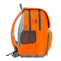 Harlequin Hi-Viz orange Ergo Tuff-Pack Backpack. Side view showing padded shoulder straps, two zipper compartments, front zipper pocket, D ring and mesh water bottle holder.