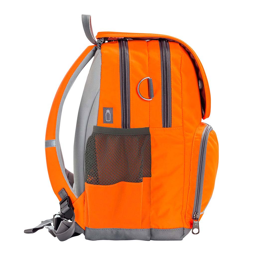 Harlequin Hi-Viz orange Ergo Tuff-Pack Backpack. Side view showing padded shoulder straps, two zipper compartments, front zipper pocket, D ring and mesh water bottle holder.