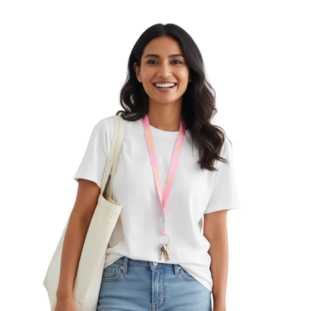 Woman wearing a white shirt, blue jeans, and a pink lanyard with a badge holder on a white background
