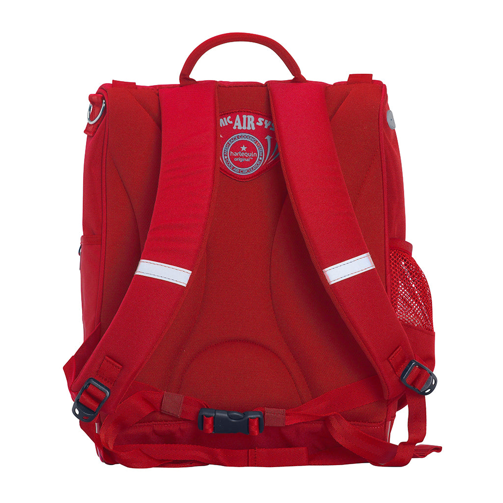 Harlequin School backpack, back view showing padded straps, the Anatomical back padding and hip strap
