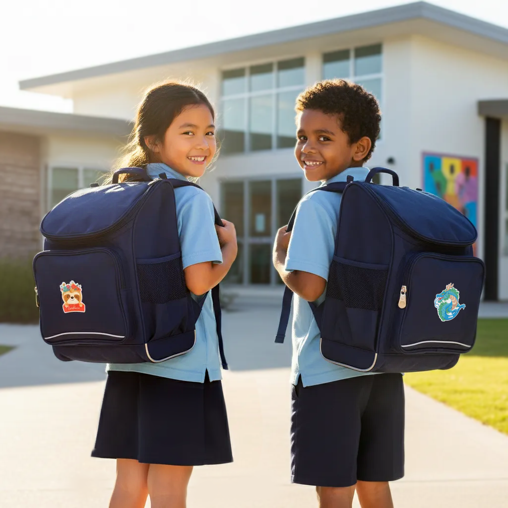 Two children with navy blue backpacks in front of a school building