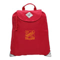 Harlequin red eco excursion dance bag front angle view displaying handle, velcro fastening with drawstring toggle and reflective safety corners 