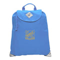 Harlequin sky blue eco excursion dance bag front angle view displaying handle, velcro fastening with drawstring toggle and reflective safety corners with nashville state school logo