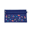 Harlequin Pencil Case in Navy with Galaxy Girl design from the Harlequin Creatix Signature Series. Front view displaying two zip compartments, ventilation eyelet and D-ring.