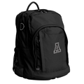 Harlequin Osteo Senior Backpack in black with personalisation. Front side angle displaying carry handle, two top zipper compartments, front pocket with two zip compartments, D ring and mesh water bottle holder