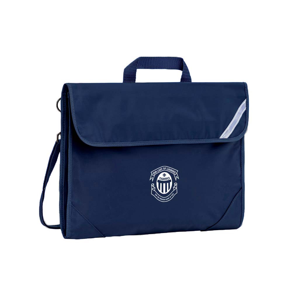 Harlequin Safety Library bag in Navy displaying carry handle, velcro opening, shoulder strap, reflector safety strip, reinforced corners and Our lady of Lourdes TARRO logo