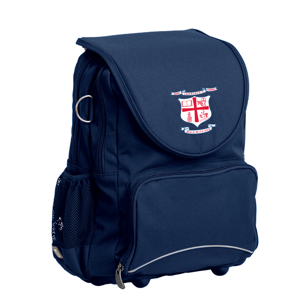 Navy blue ergonomic, Posture backpack with Saint Laurence's Parish School - Forbes logo on the front.