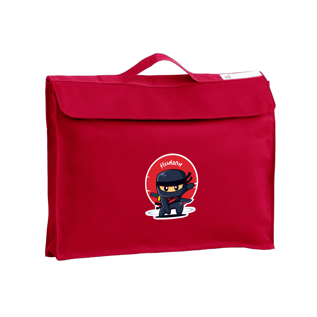 Harlequin Premier Library Bag in Red displaying carry handle and velcro pocket opening with a ninja personalisation on front perfect for school